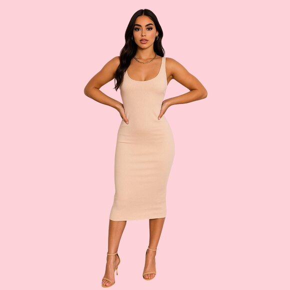 Forever 21 Nude Ribbed Bodycon Midi Tank Dress – Size Small - Picture 1 of 7